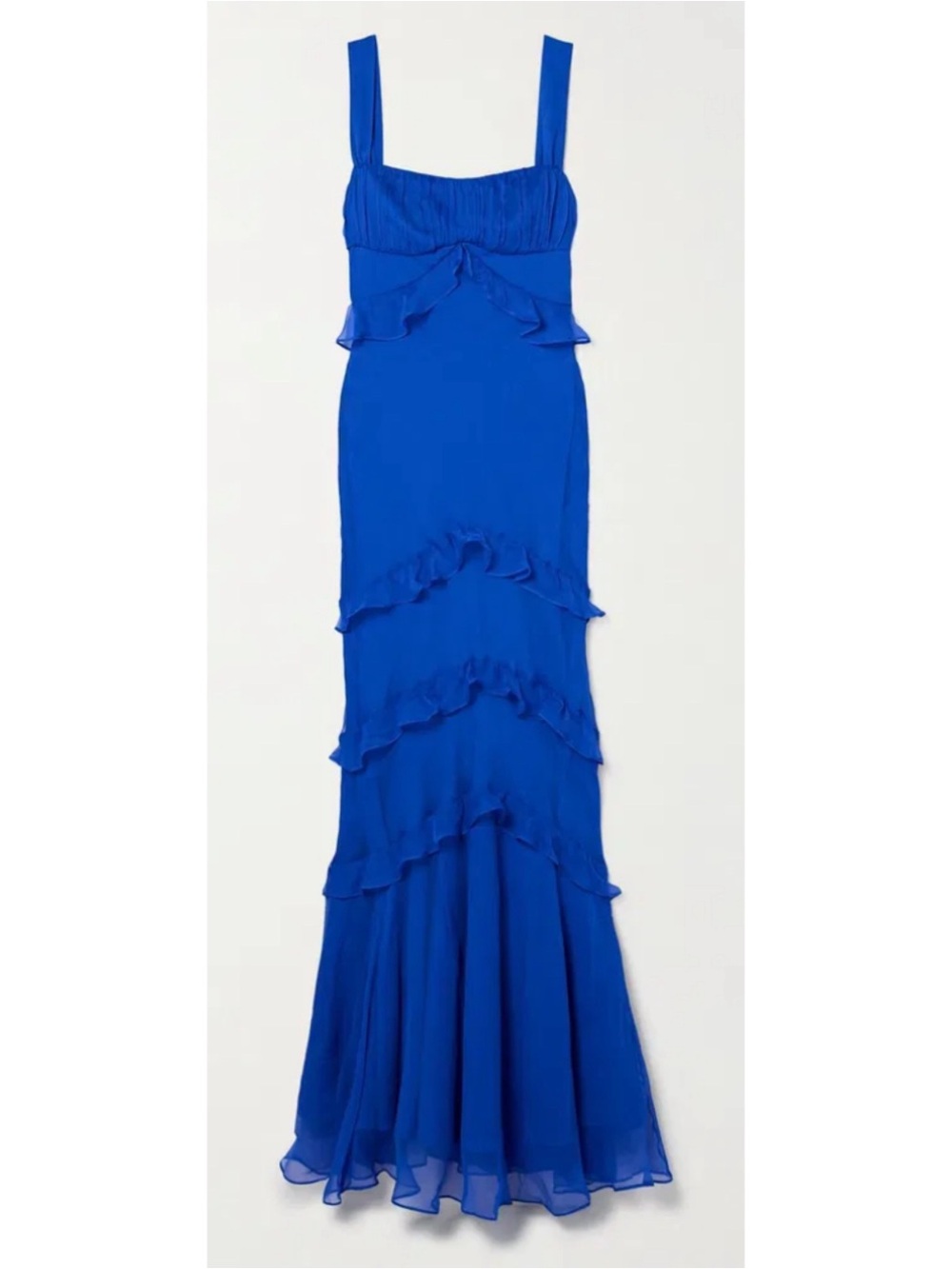 SALONI Chandra Ruffled Plisse Silk Georgette Tiered Blue Maxi Dress Size 8 - Picture 2 of 9